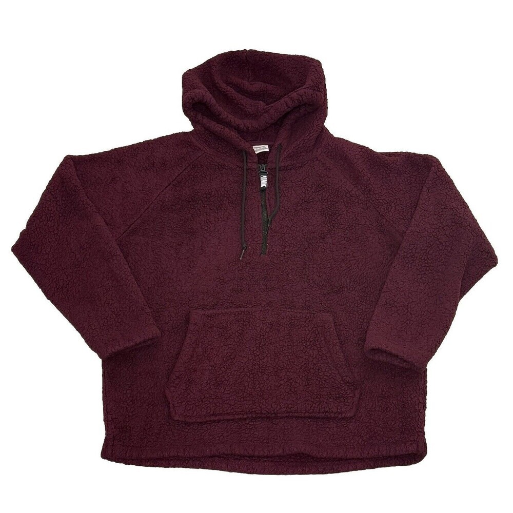 PINK Victorias Secret Large Burgundy Hoodie 1/4 Zip Sweatshirt Sherpa Soft